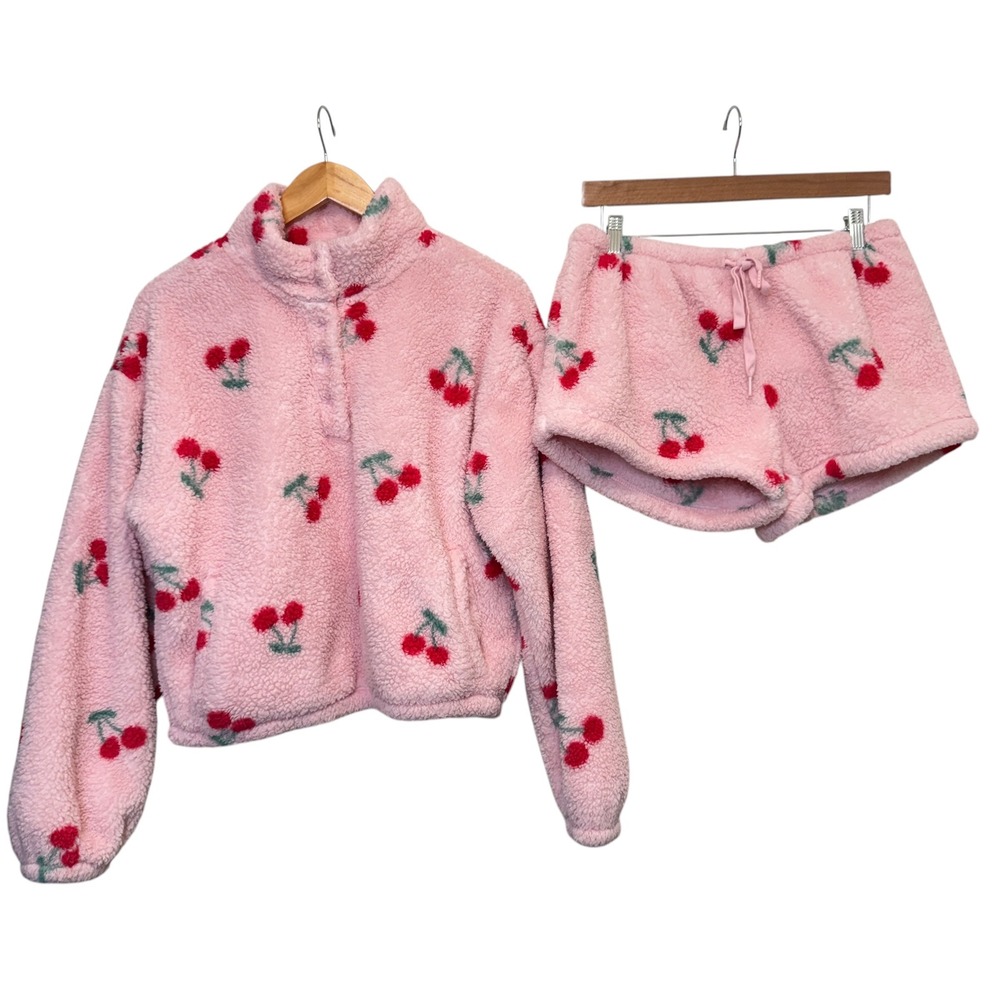 PJ Salvage Life is Sweet Lounge Set S Pink Cherry Sherpa Pullover Short Fuzzy